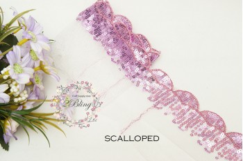 Sequin Lace, GRAPE, Scalloped Trim, white mesh - 1m length